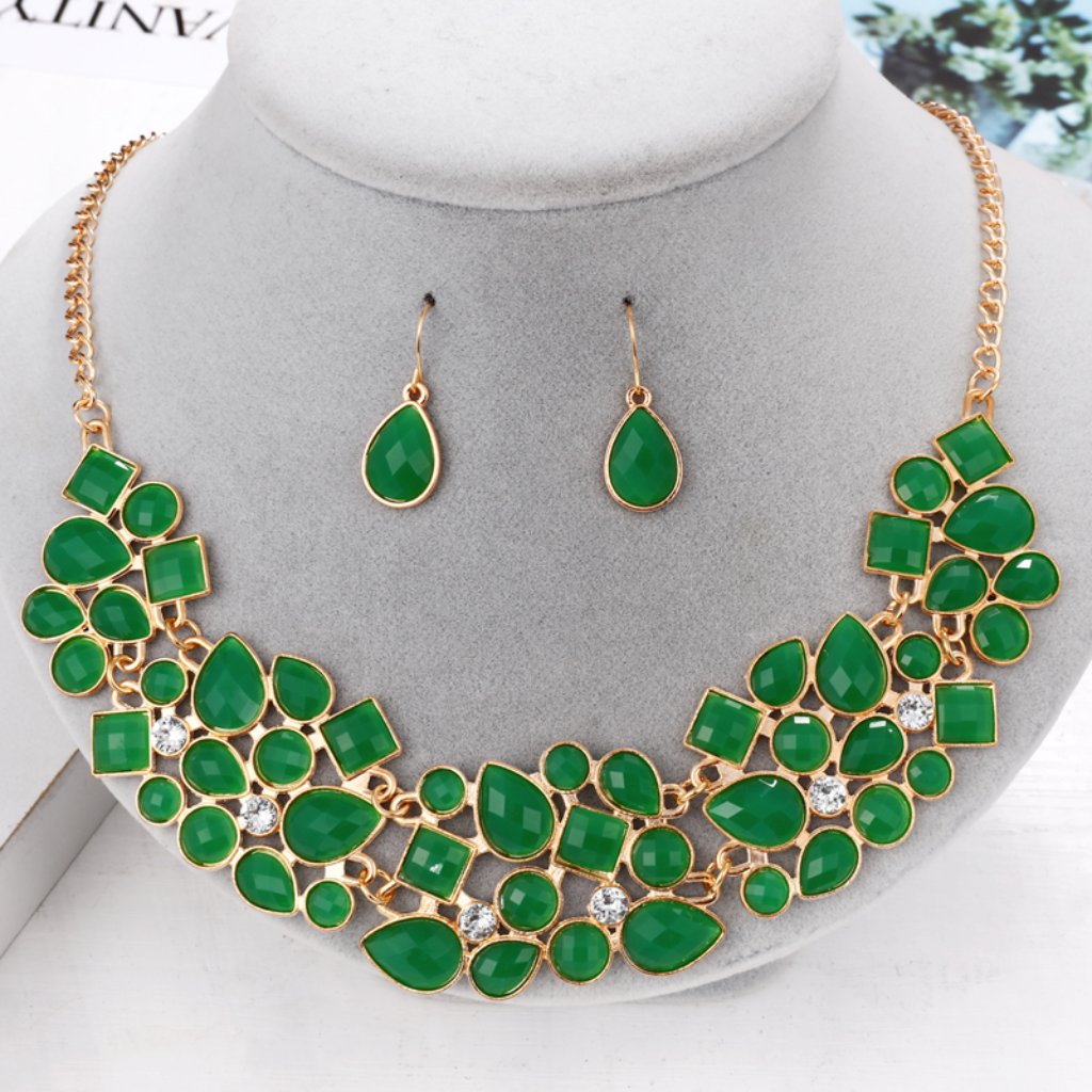 Shiny Green Resin Crystal Jewelry Set For Women